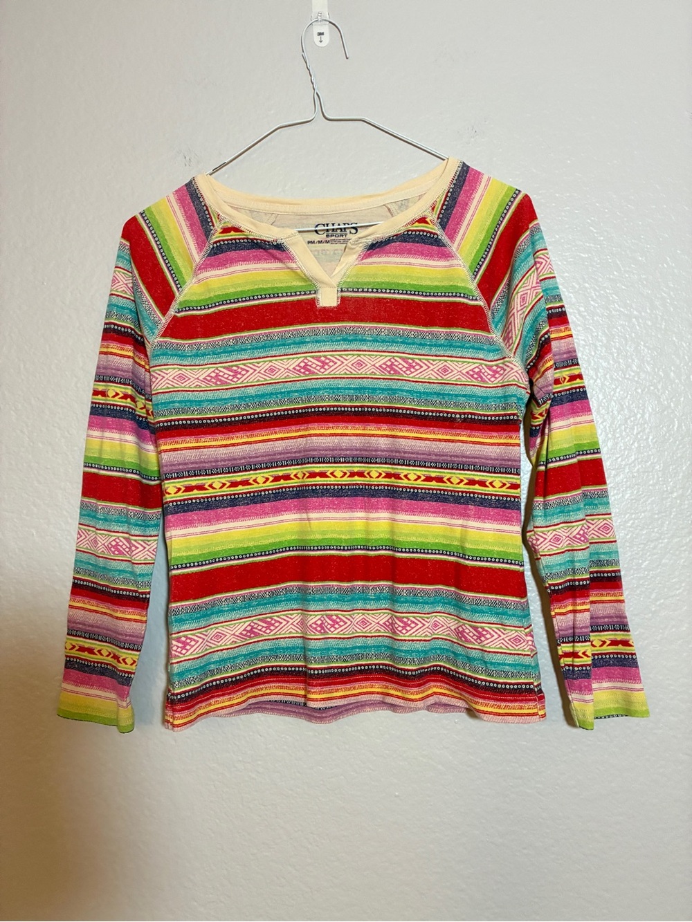 Chaps Sport Women's Serape Stripe Long Sleeve Tee Boho Baja Rainbow Size M